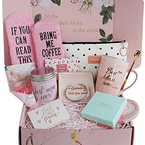 Gift Basket for Mom, Birthday Gifts for Best Mom, Women, Wife, Mother in Law, New Mom. Christmas Gift, Mom Gifts for Mothers Day-Includes Candle, Coffee Mug, Bracelet, Ring Dish,Coffee Socks